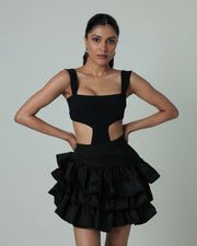 Cutout Bodysuit & Ruffle Mini Skirt Black